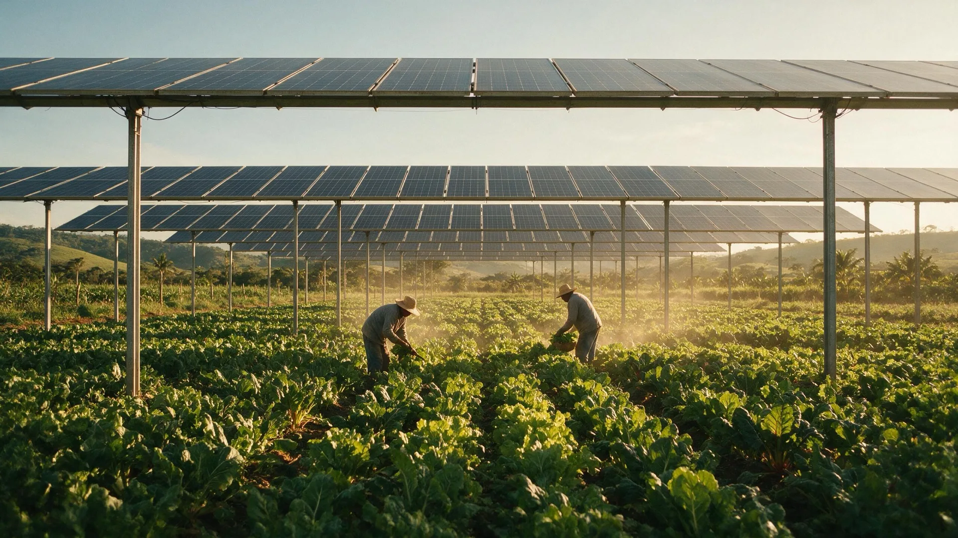 Estrutura agrivoltaica elevada sobre a lavoura, com produtores trabalhando embaixo dos painéis