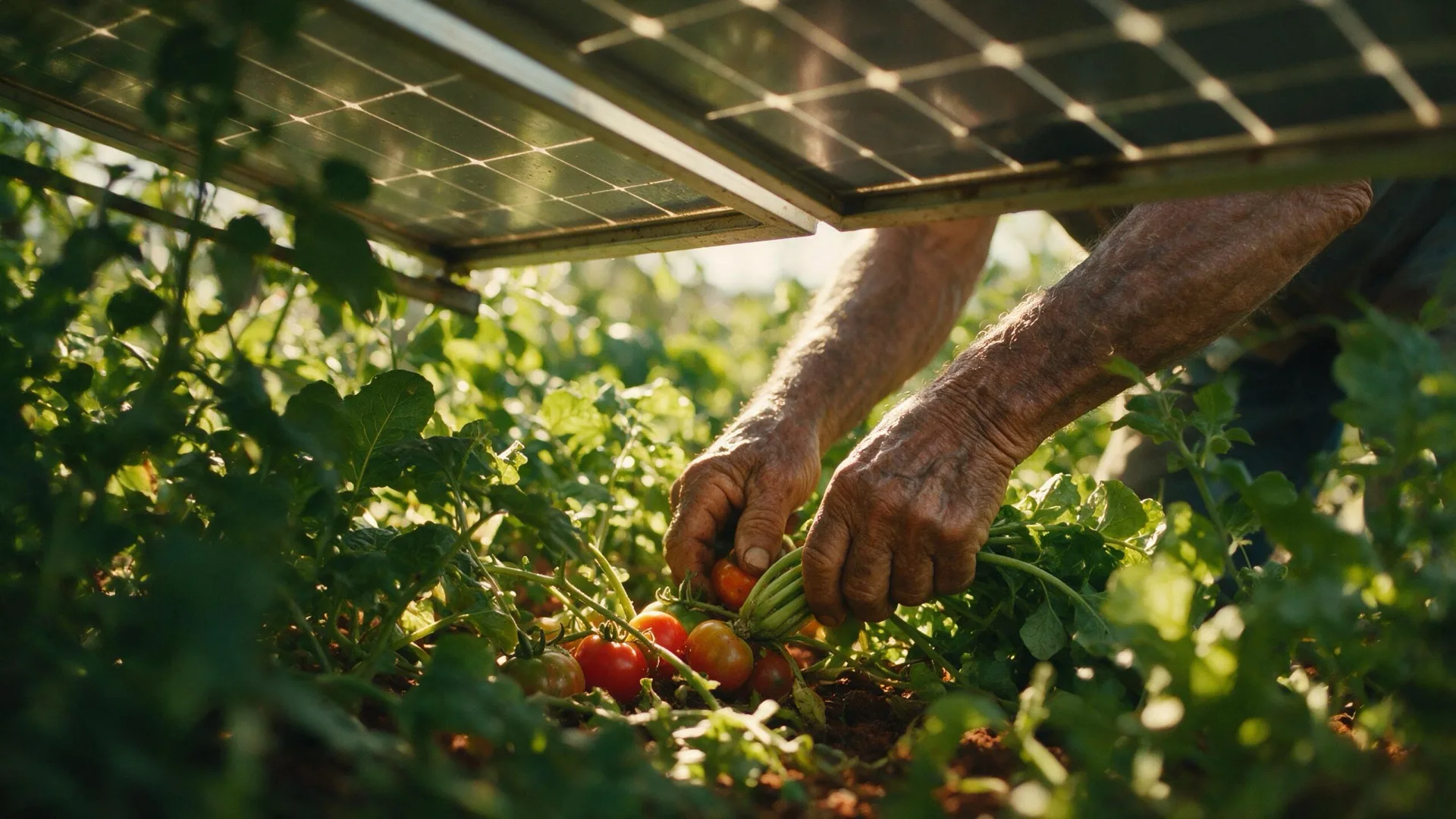Mãos de produtor colhendo sob os painéis solares