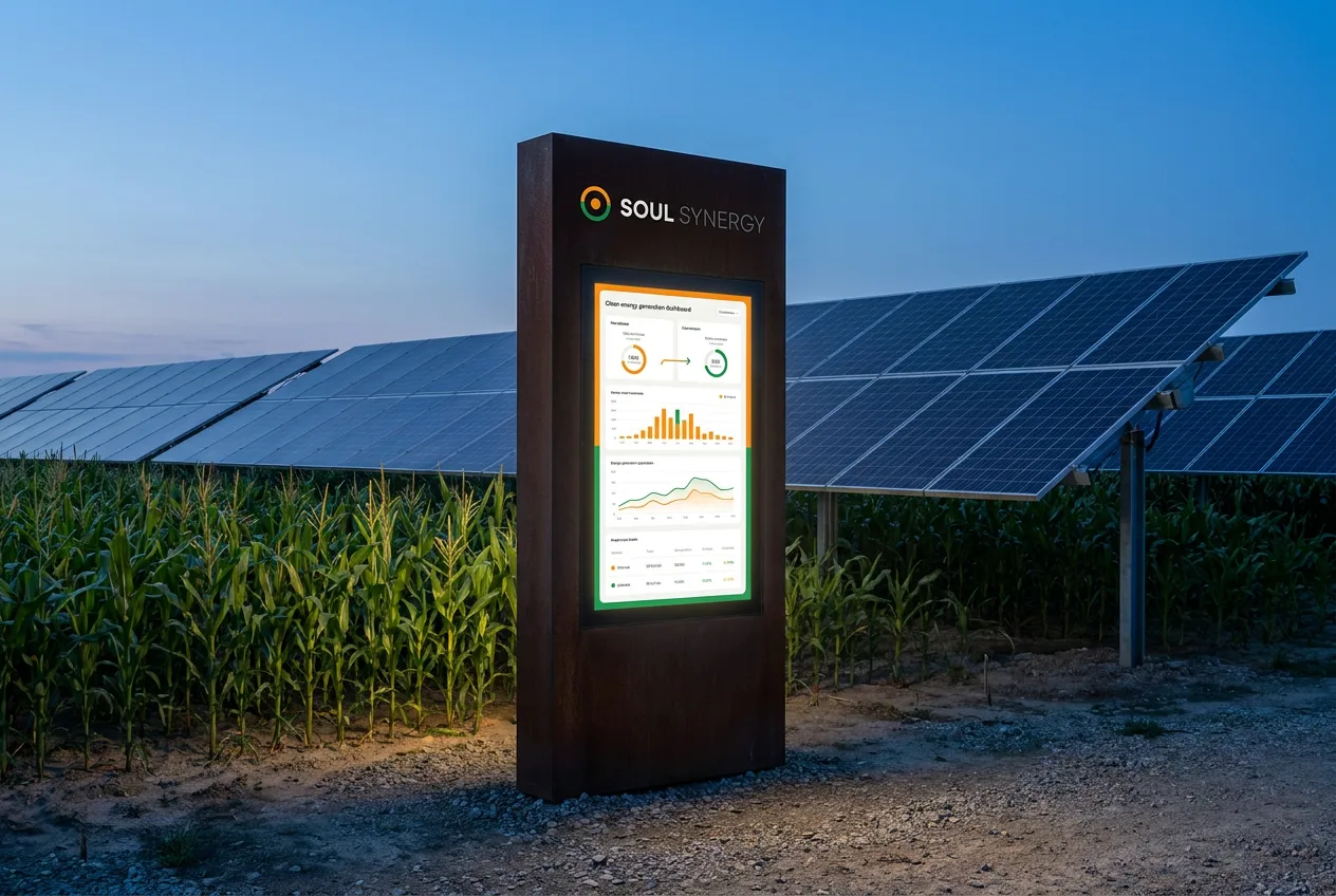 Totem de monitoramento Soul Synergy em campo, com dashboard de geração