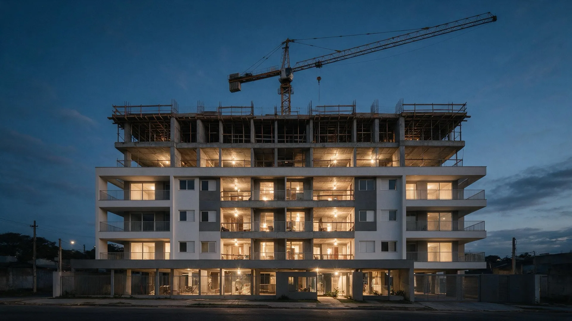 Empreendimento residencial em construção ao entardecer