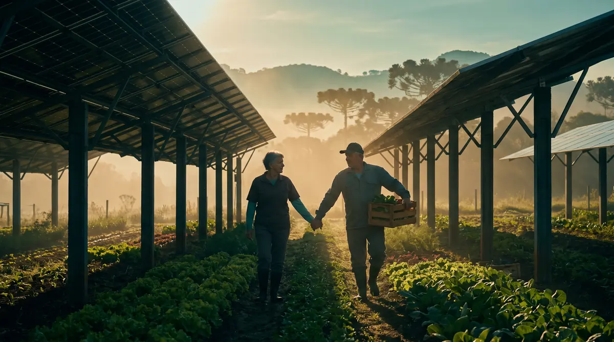 Agricultores sob a usina agrivoltaica
